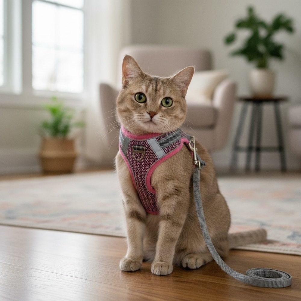 Pangdi Cat feline Pink Gray adjustable Pet Harness and attachable Leash Sz Large